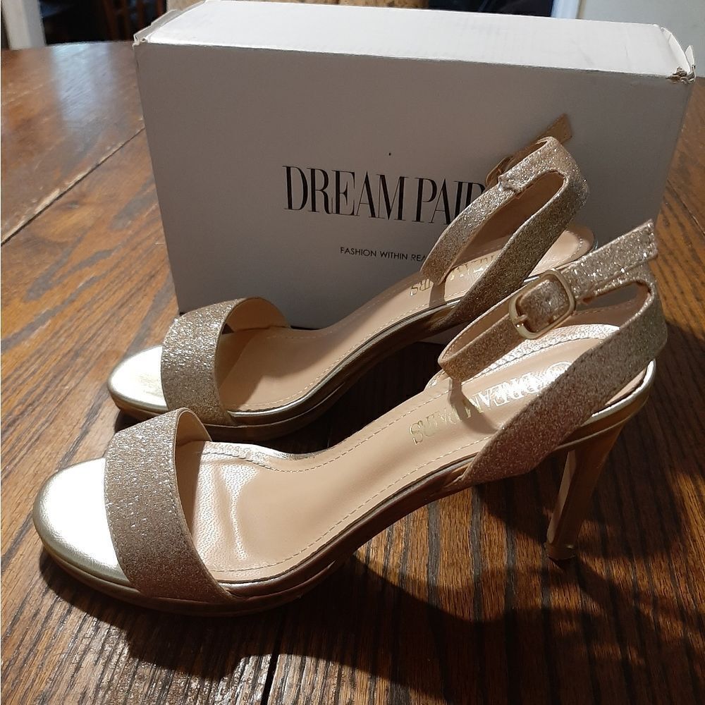 Size 7 Dream Pairs Gold Glitter Stecy-1 Open Toe High Heel Dress Sho… - Picture 3 of 8